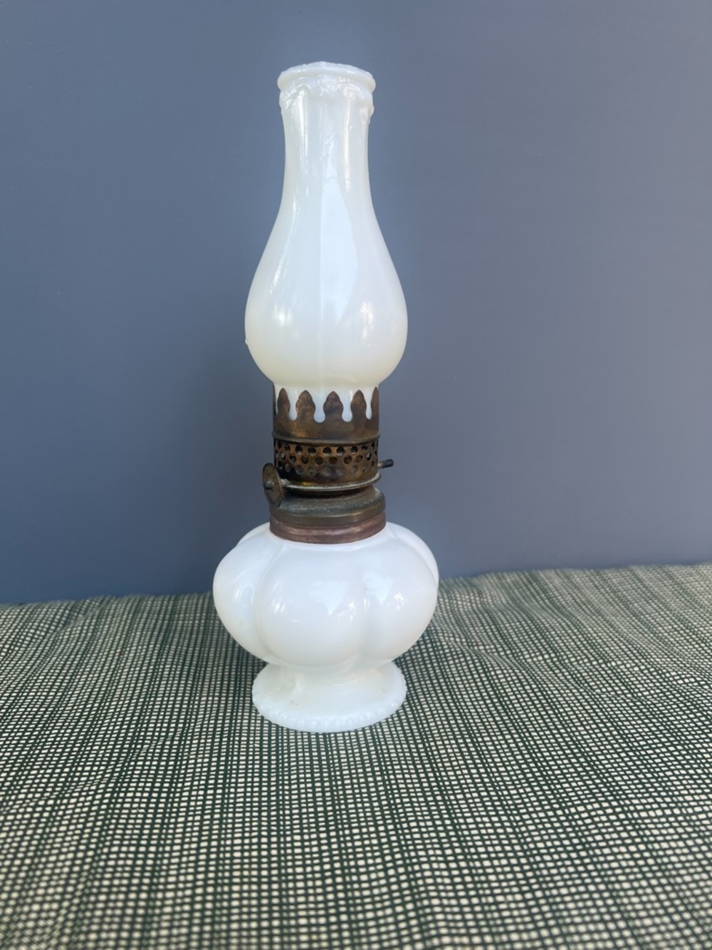 Antique miniature melon base milk glass oil lamp with chimney